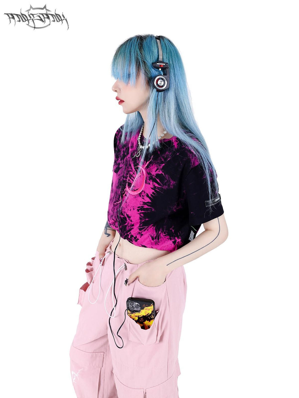 PINKSPINK Black Pink Tie Dye Embroidered Colorblock Double Layer Women's Crop Tops