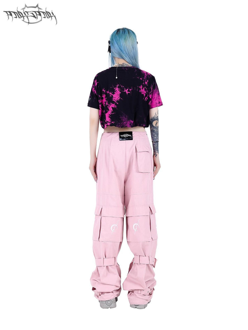 PINKSPINK Black Pink Tie Dye Embroidered Colorblock Double Layer Women's Crop Tops