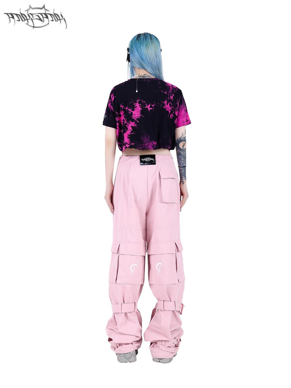 PINKSPINK Black Pink Tie Dye Embroidered Colorblock Double Layer Women's Crop Tops