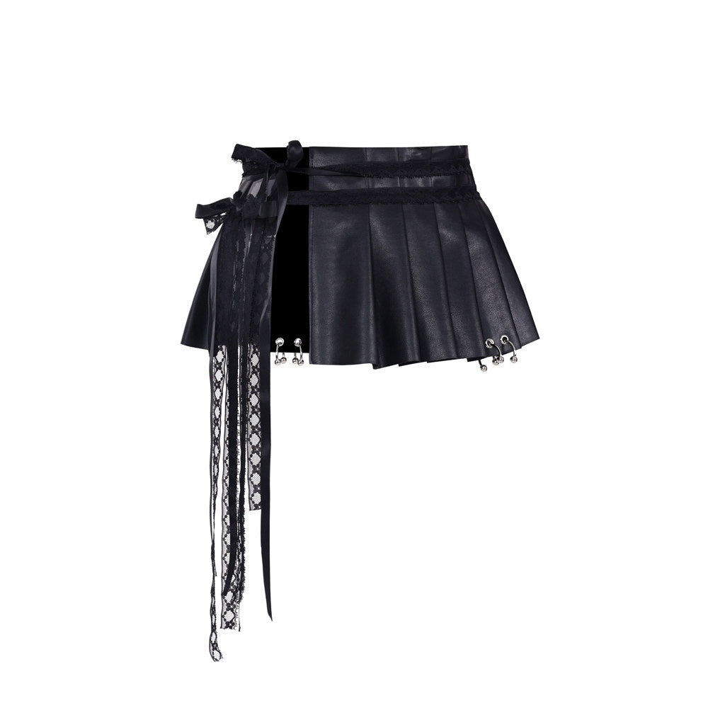 PINKSPINK_Black_Pleated_Pu_Eyelet_Ring_Lace_Tie_Women's_Polyester_Mini_Skirts_770456184560_MISSTT