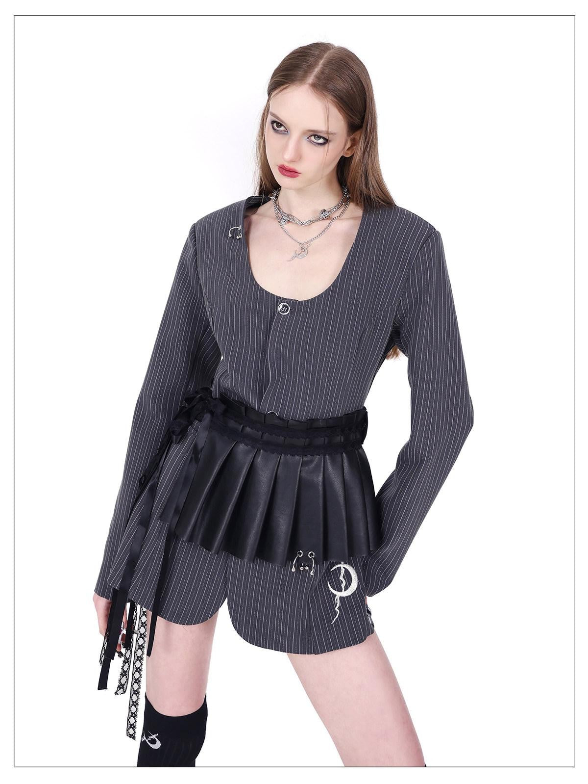 PINKSPINK Black Pleated Pu Eyelet Ring Lace Tie Women's Polyester Mini Skirts
