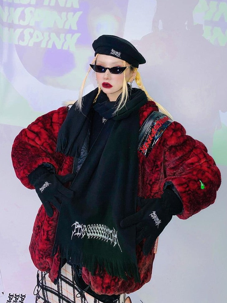 PINKSPINK Black Polar Fleece Beret Scarf And Glove Set Women's Cotton Berets