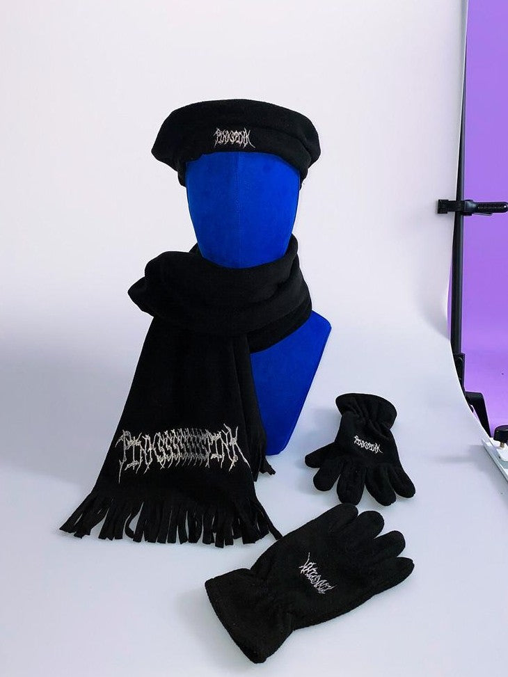 PINKSPINK Black Polar Fleece Beret Scarf And Glove Set Women's Cotton Berets