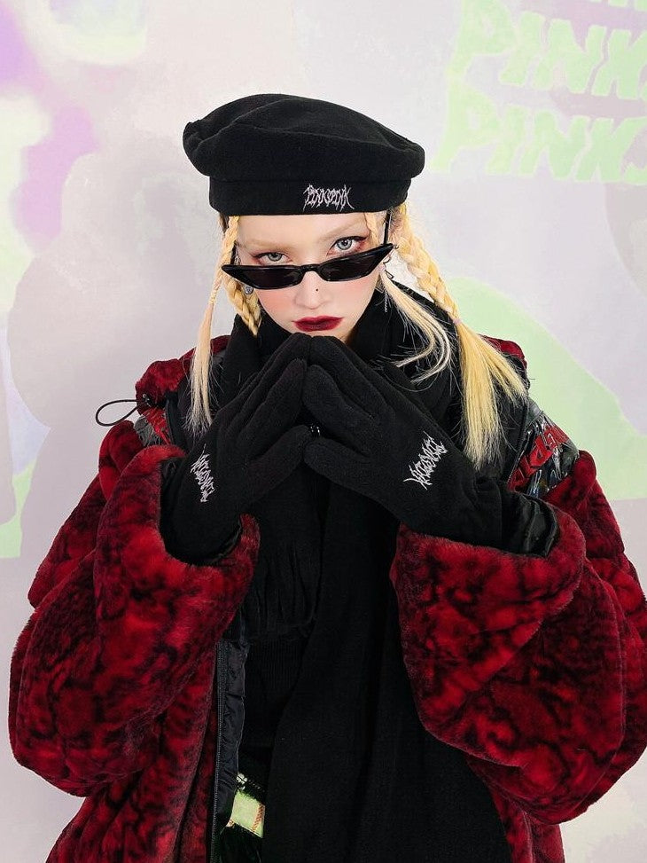 PINKSPINK Black Polar Fleece Beret Scarf And Glove Set Women's Cotton Berets