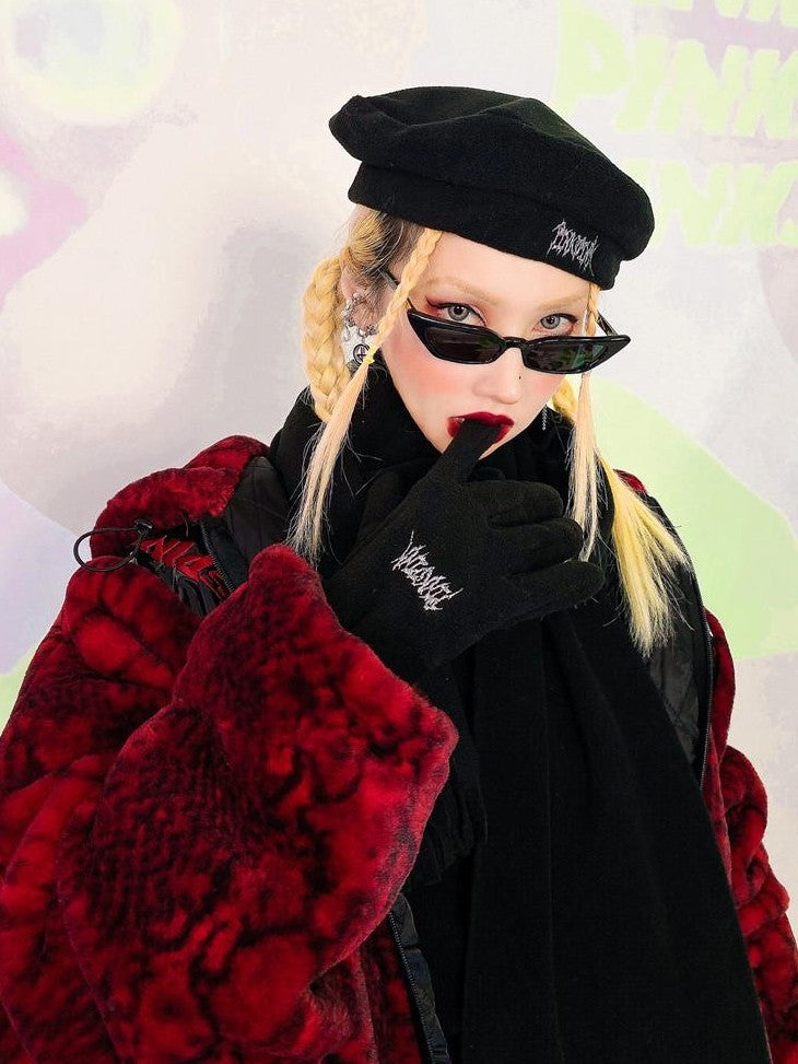 PINKSPINK Black Polar Fleece Beret Scarf And Glove Set Women's Cotton Berets