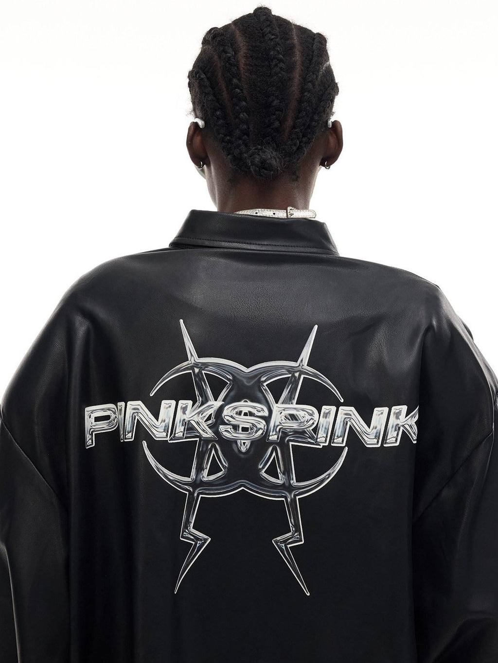 PINKSPINK Black Printed Washed Polo Collar Mid Length Women's Synthetic Leather Jackets