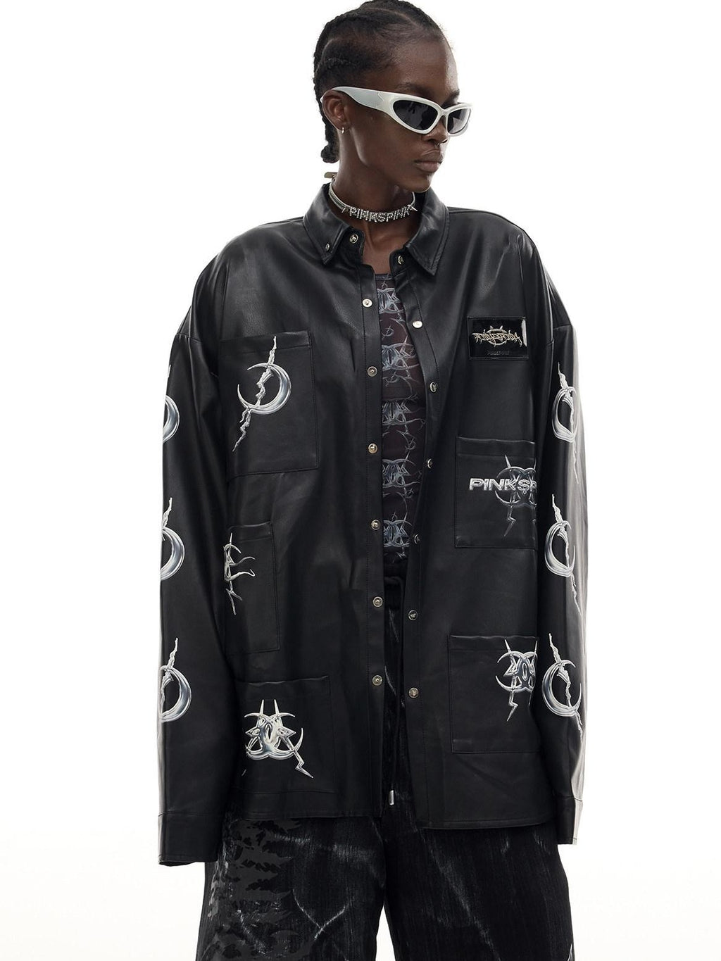 PINKSPINK Black Printed Washed Polo Collar Mid Length Women's Synthetic Leather Jackets