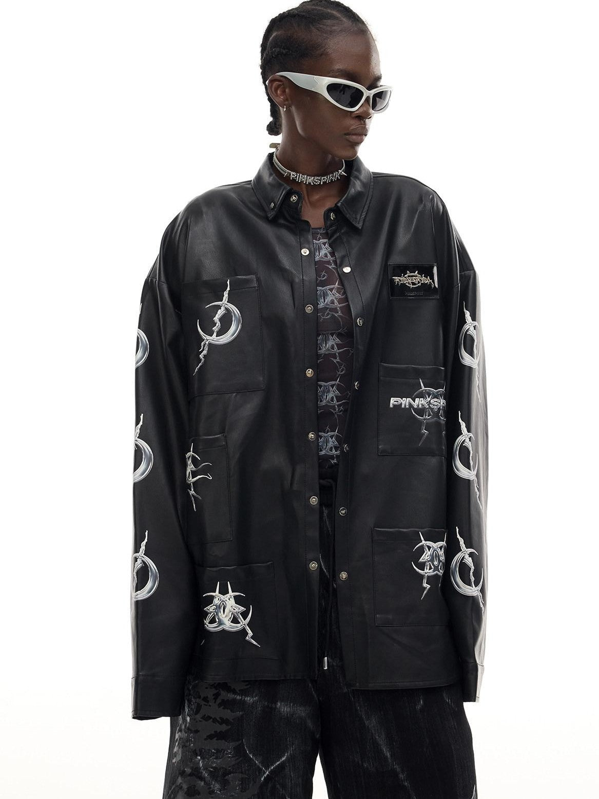PINKSPINK Black Printed Washed Polo Collar Mid Length Women's Synthetic Leather Jackets
