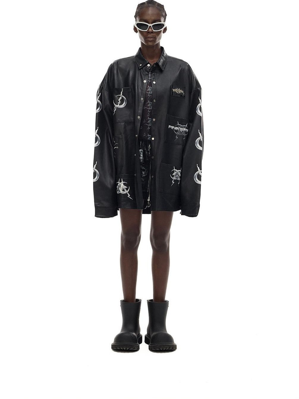 PINKSPINK Black Printed Washed Polo Collar Mid Length Women's Synthetic Leather Jackets
