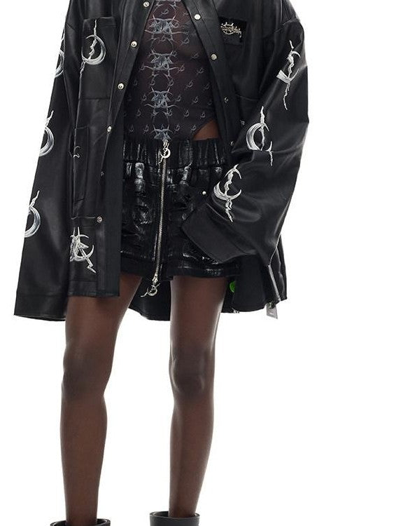 PINKSPINK Black Printed Washed Polo Collar Mid Length Women's Synthetic Leather Jackets