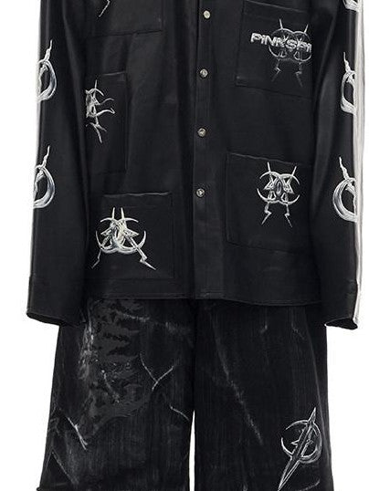 PINKSPINK Black Printed Washed Polo Collar Mid Length Women's Synthetic Leather Jackets