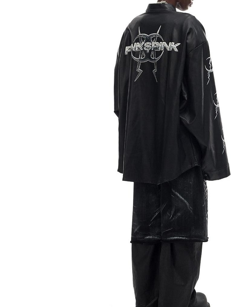 PINKSPINK Black Printed Washed Polo Collar Mid Length Women's Synthetic Leather Jackets