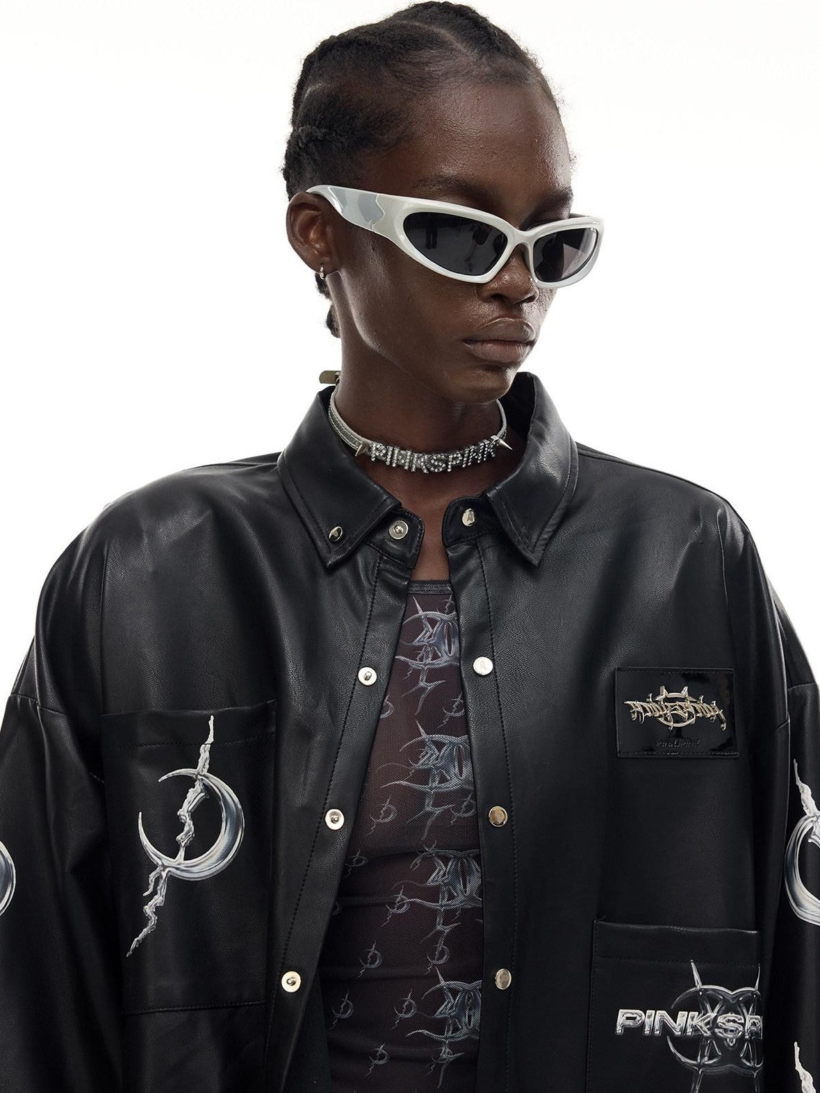 PINKSPINK Black Printed Washed Polo Collar Mid Length Women's Synthetic Leather Jackets