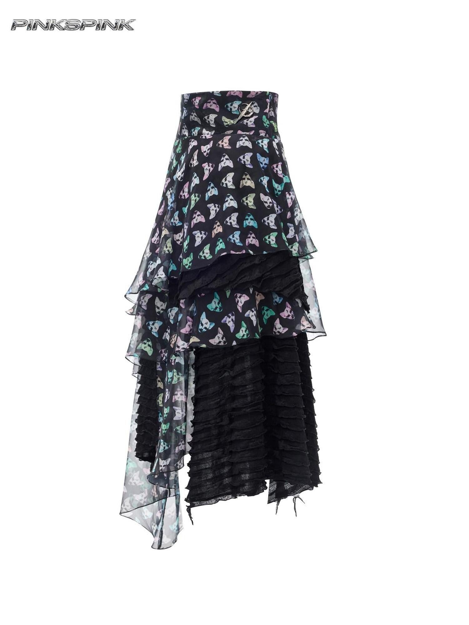 PINKSPINK Black Punk Asymmetrical Aline Printed Women's Triacetate Mesh Maxi Skirts