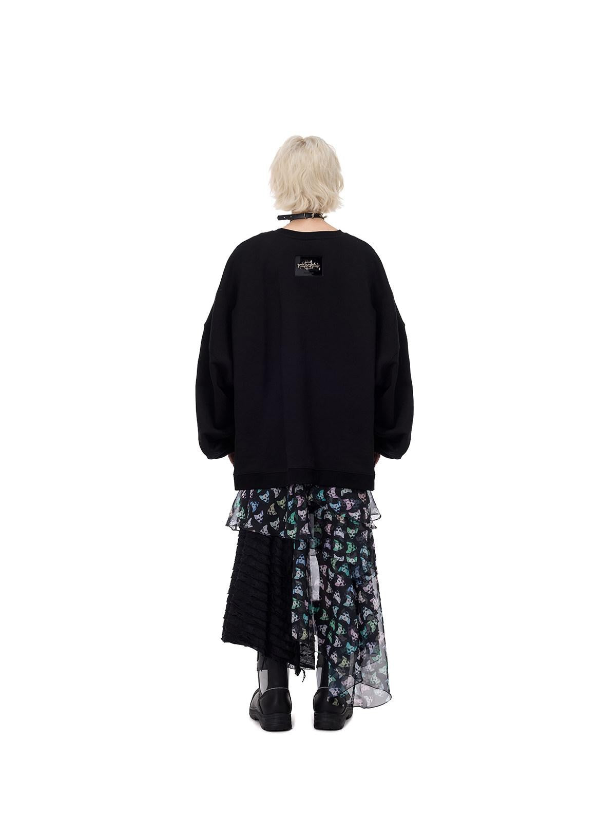 PINKSPINK Black Punk Asymmetrical Aline Printed Women's Triacetate Mesh Maxi Skirts