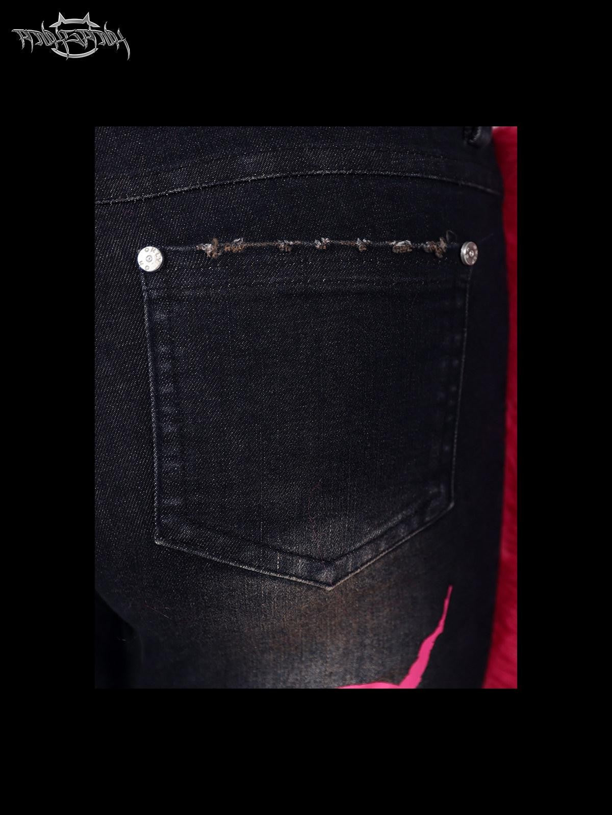 PINKSPINK Black Reconstructed Frayed Hem Low Waist Women's Denim High Stretch Flare Jeans