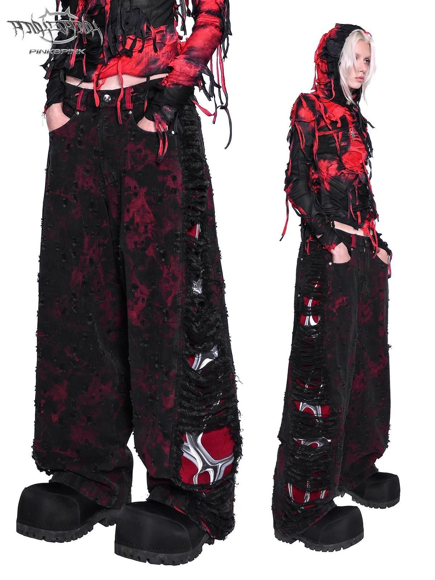 PINKSPINK Black Red Distressed Cutout Ripped Women's Washed Denim Wide-leg Jeans