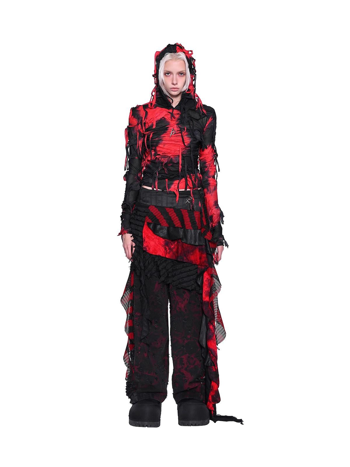 PINKSPINK Black Red Distressed Cutout Ripped Women's Washed Denim Wide-leg Jeans