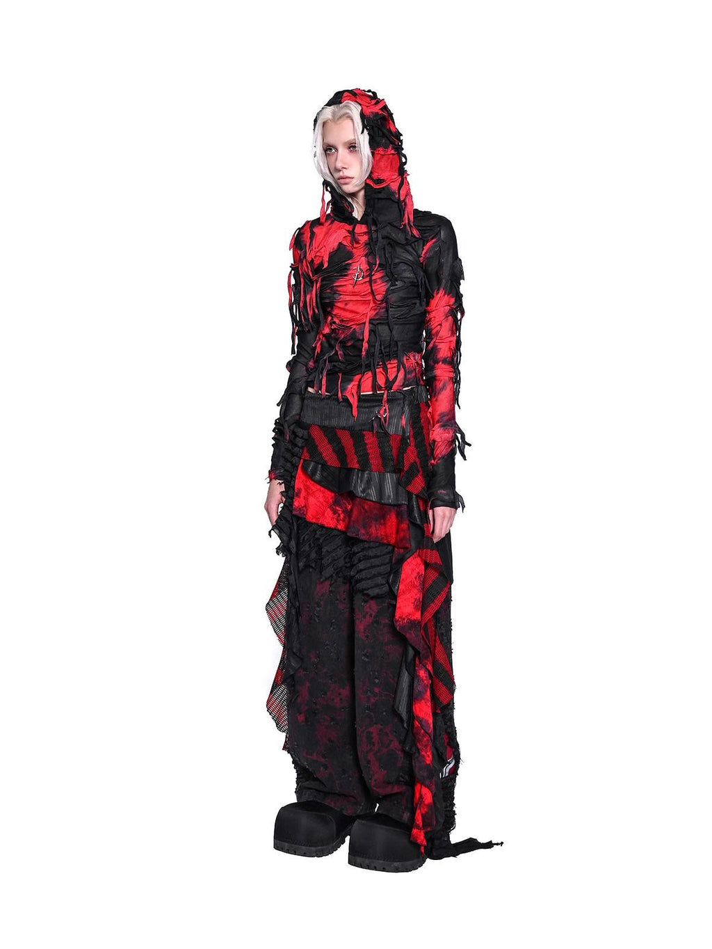 PINKSPINK Black Red Distressed Cutout Ripped Women's Washed Denim Wide-leg Jeans