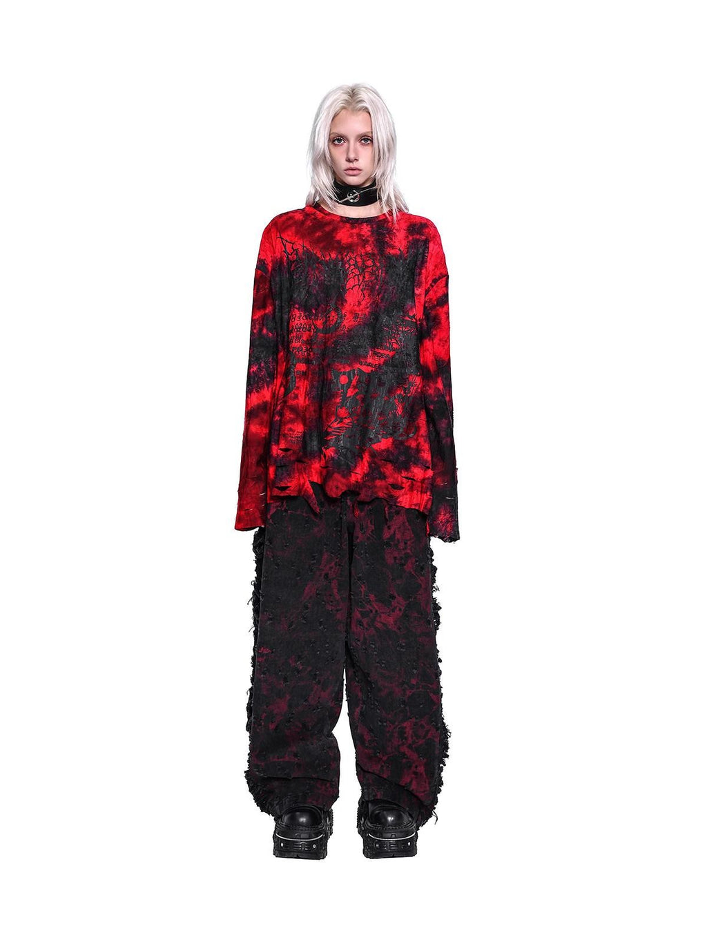 PINKSPINK Black Red Distressed Cutout Ripped Women's Washed Denim Wide-leg Jeans