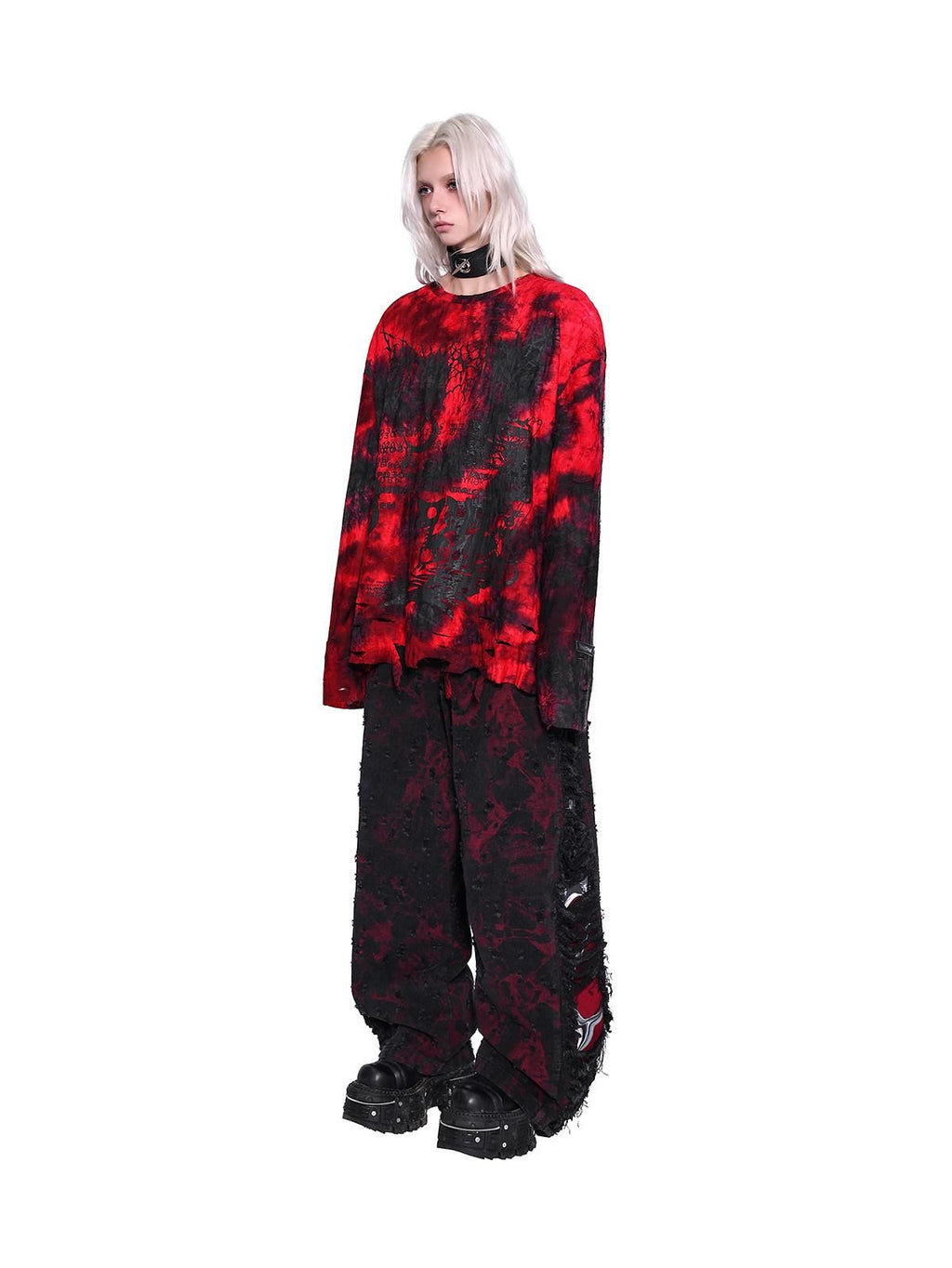 PINKSPINK Black Red Distressed Cutout Ripped Women's Washed Denim Wide-leg Jeans