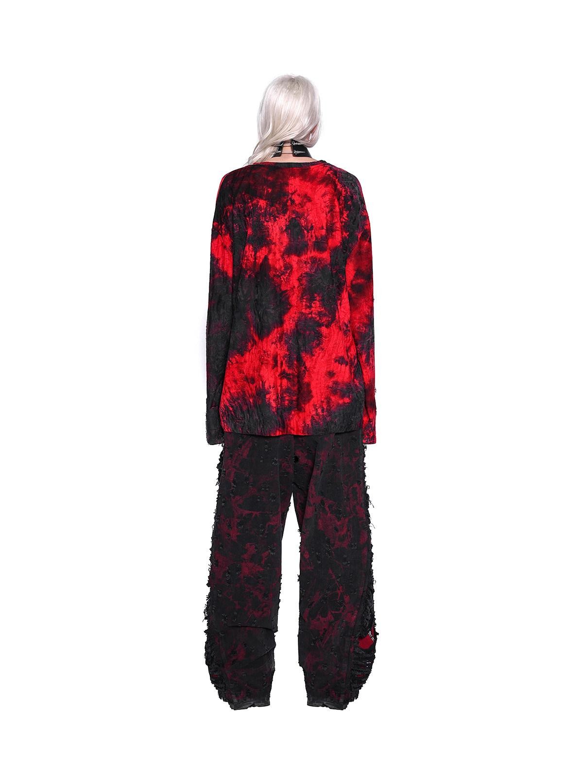 PINKSPINK Black Red Distressed Cutout Ripped Women's Washed Denim Wide-leg Jeans