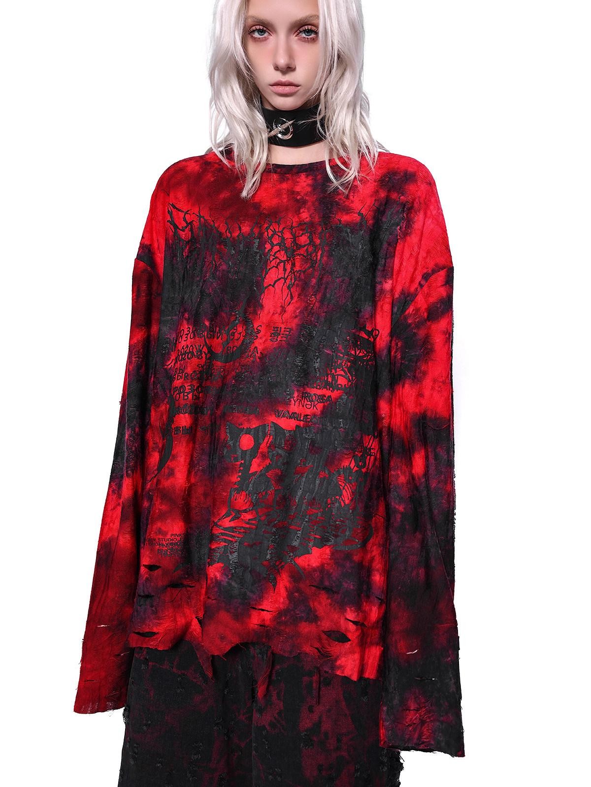 PINKSPINK Black Red Distressed Cutout Ripped Women's Washed Denim Wide-leg Jeans