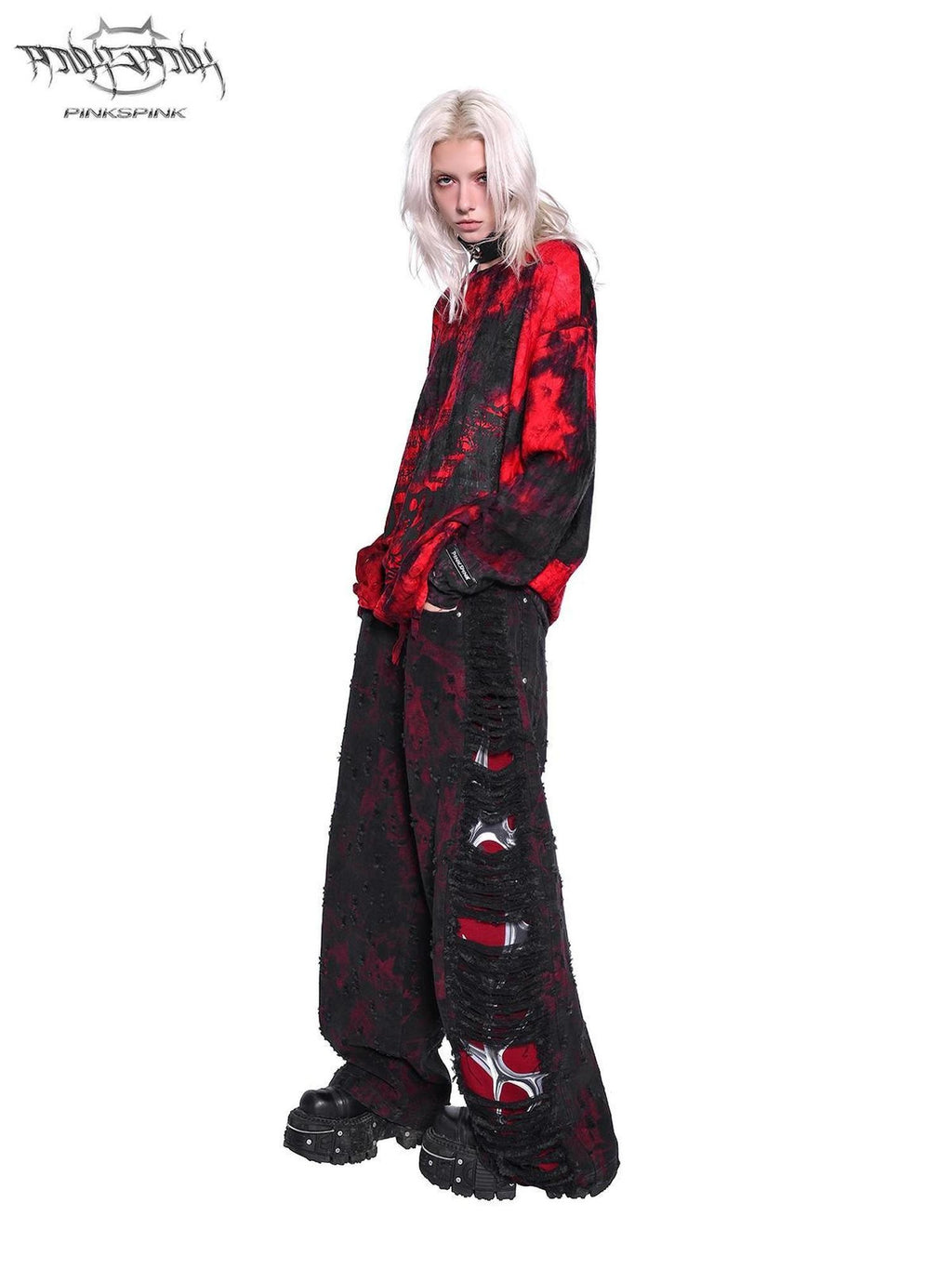 PINKSPINK Black Red Distressed Cutout Ripped Women's Washed Denim Wide-leg Jeans