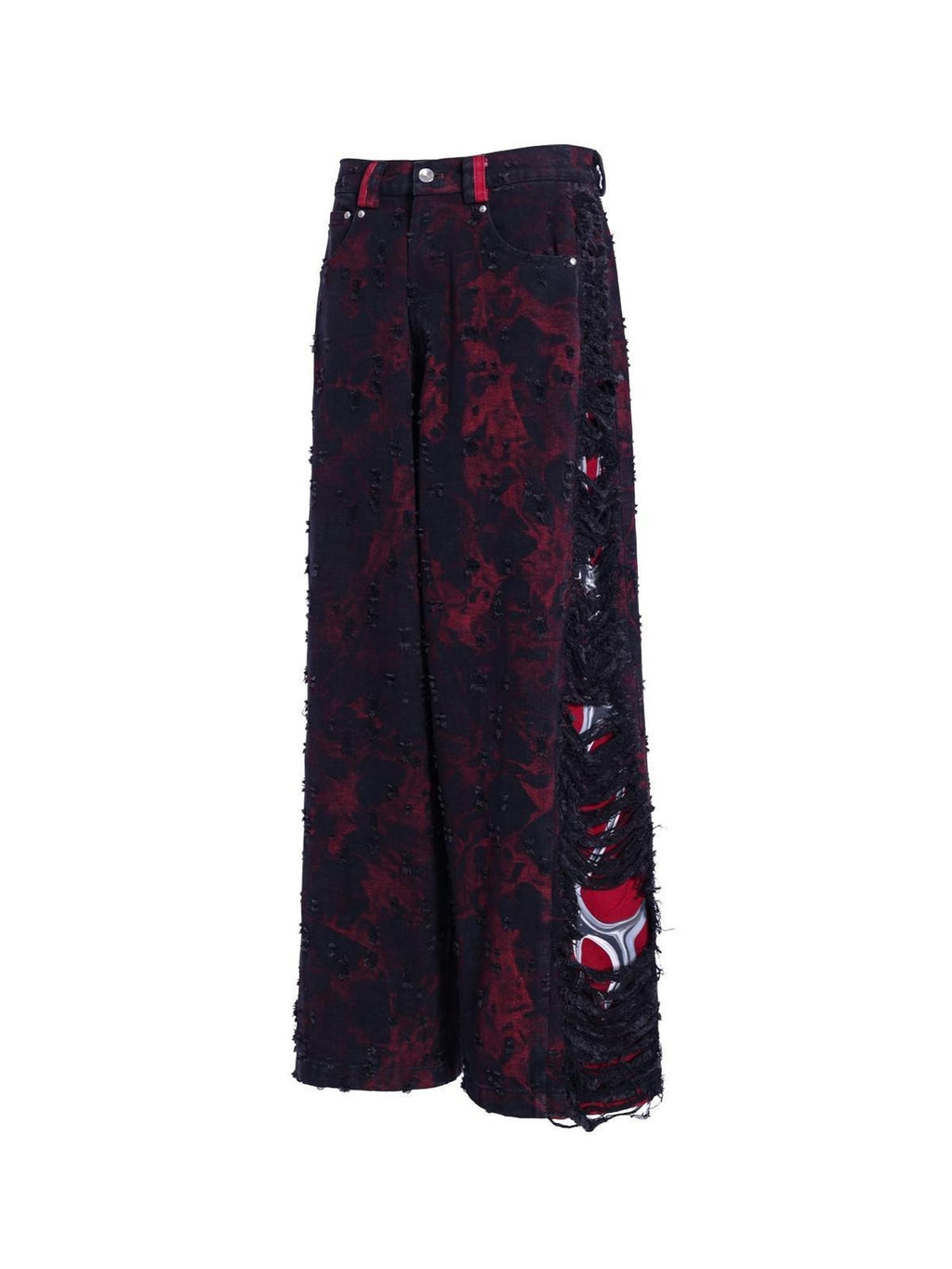 PINKSPINK Black Red Distressed Cutout Ripped Women's Washed Denim Wide-leg Jeans