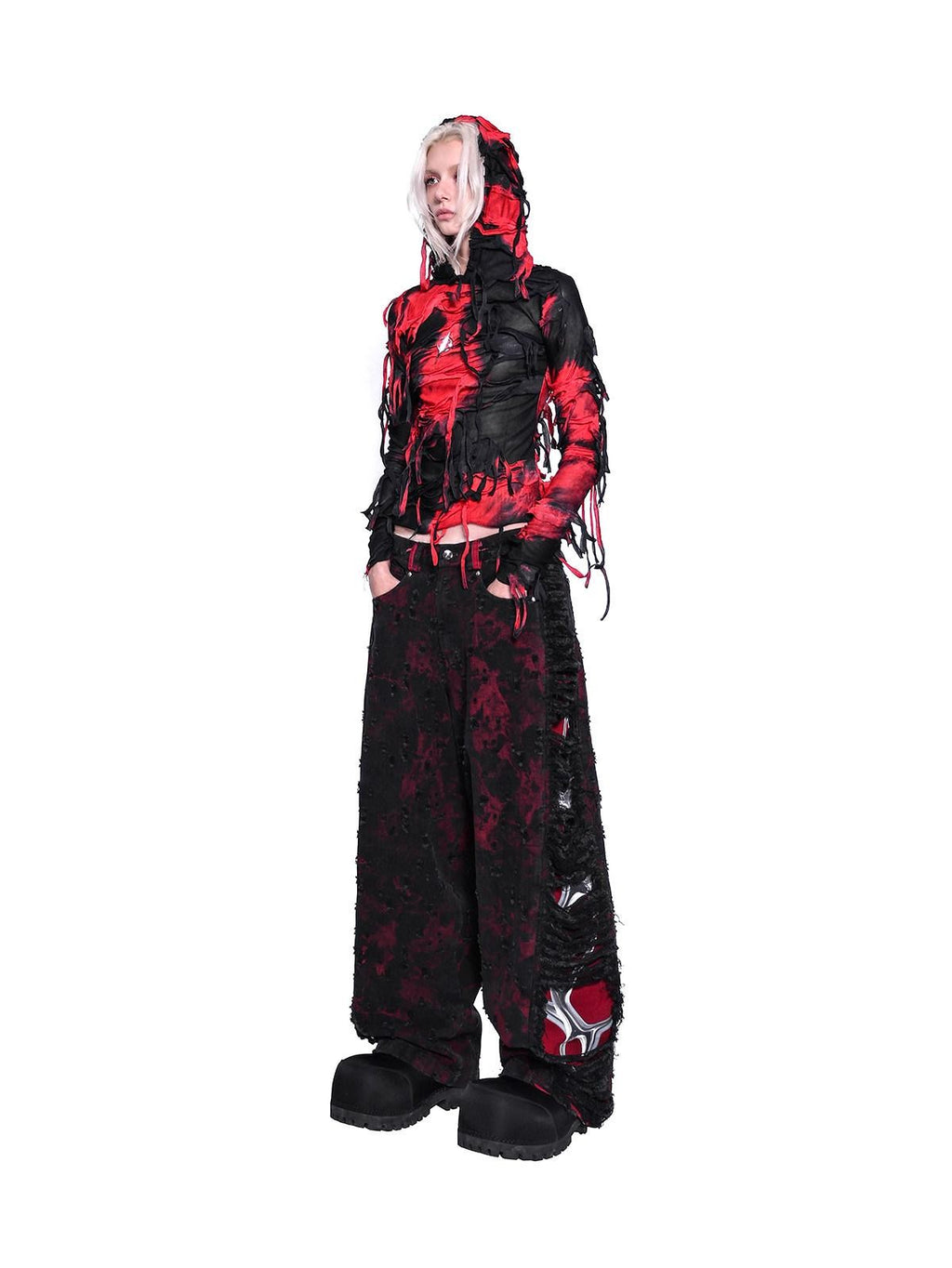 PINKSPINK Black Red Distressed Cutout Ripped Women's Washed Denim Wide-leg Jeans