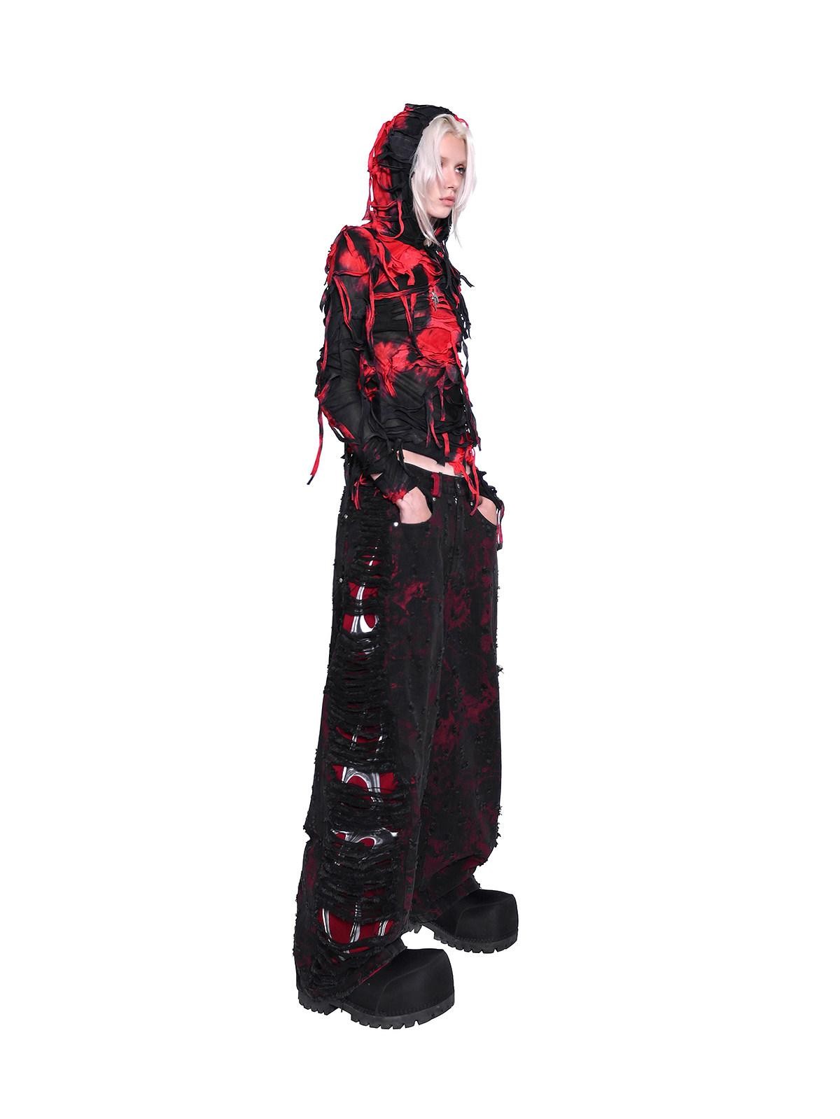 PINKSPINK Black Red Distressed Cutout Ripped Women's Washed Denim Wide-leg Jeans