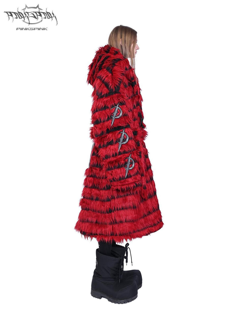 PINKSPINK Black Red Sculptural Oversized Hooded Fringe Women's Faux Fur Long Coats