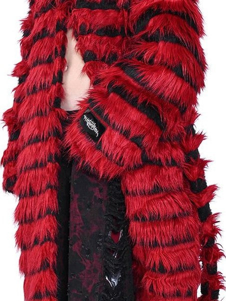 PINKSPINK Black Red Sculptural Oversized Hooded Fringe Women's Faux Fur Long Coats