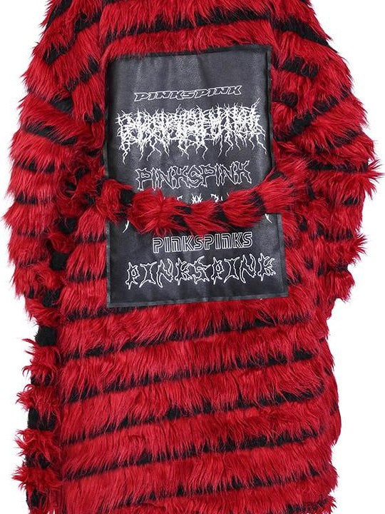PINKSPINK Black Red Sculptural Oversized Hooded Fringe Women's Faux Fur Long Coats
