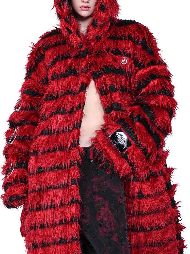 PINKSPINK Black Red Sculptural Oversized Hooded Fringe Women's Faux Fur Long Coats