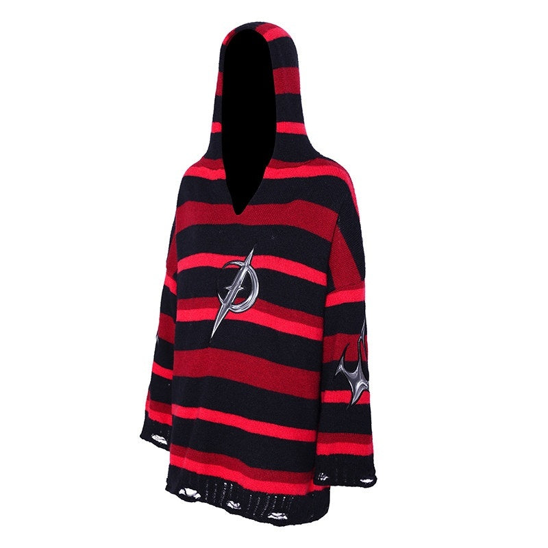 PINKSPINK_Black_Red_Striped_Embroidered_Ripped_Hooded_V-neck_Women's_Acrylic_Blend_Sweaters_848309428331_MISSTT