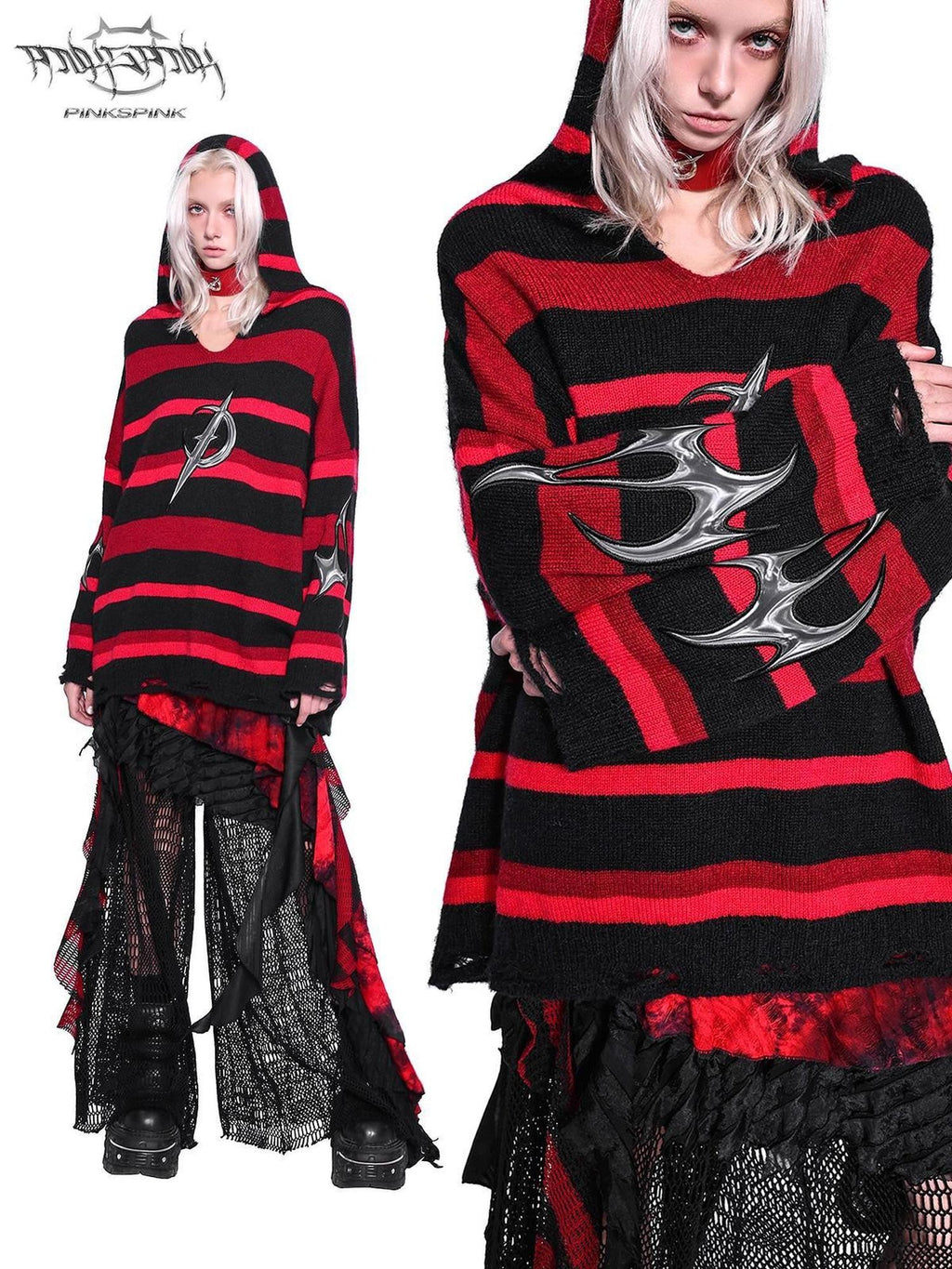 PINKSPINK Black Red Striped Embroidered Ripped Hooded V-neck Women's Acrylic Blend Sweaters