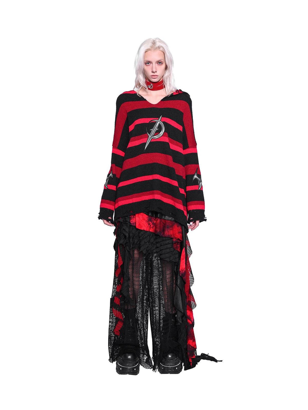 PINKSPINK Black Red Striped Embroidered Ripped Hooded V-neck Women's Acrylic Blend Sweaters