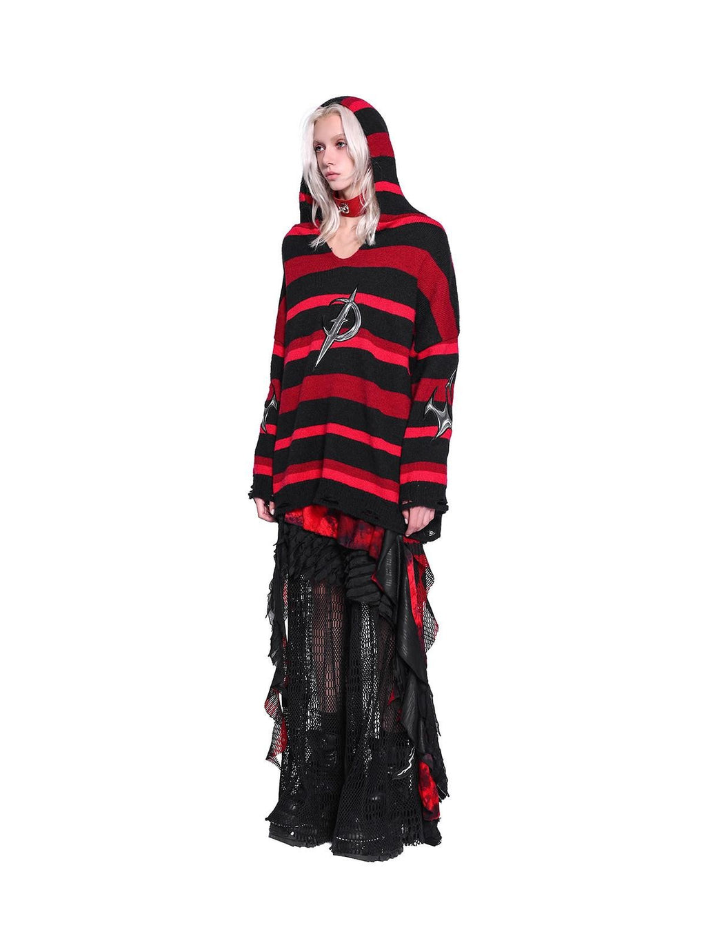 PINKSPINK Black Red Striped Embroidered Ripped Hooded V-neck Women's Acrylic Blend Sweaters