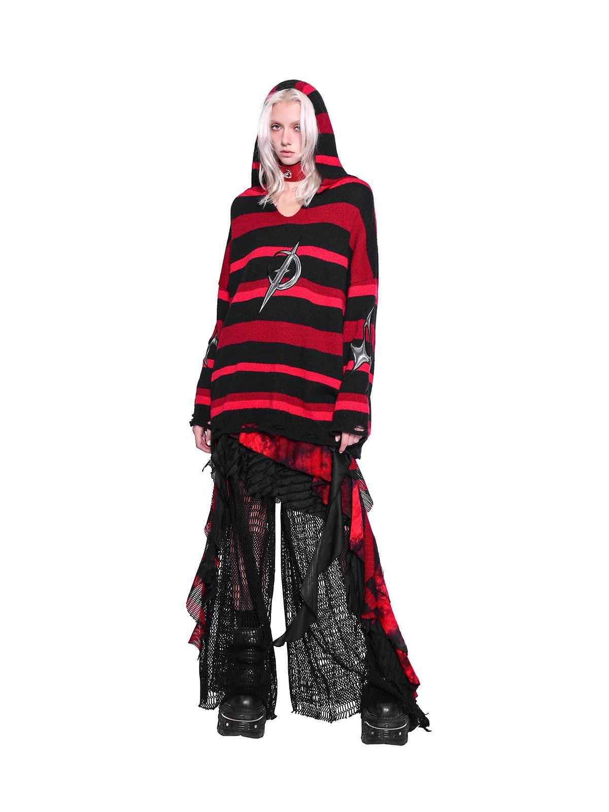 PINKSPINK Black Red Striped Embroidered Ripped Hooded V-neck Women's Acrylic Blend Sweaters