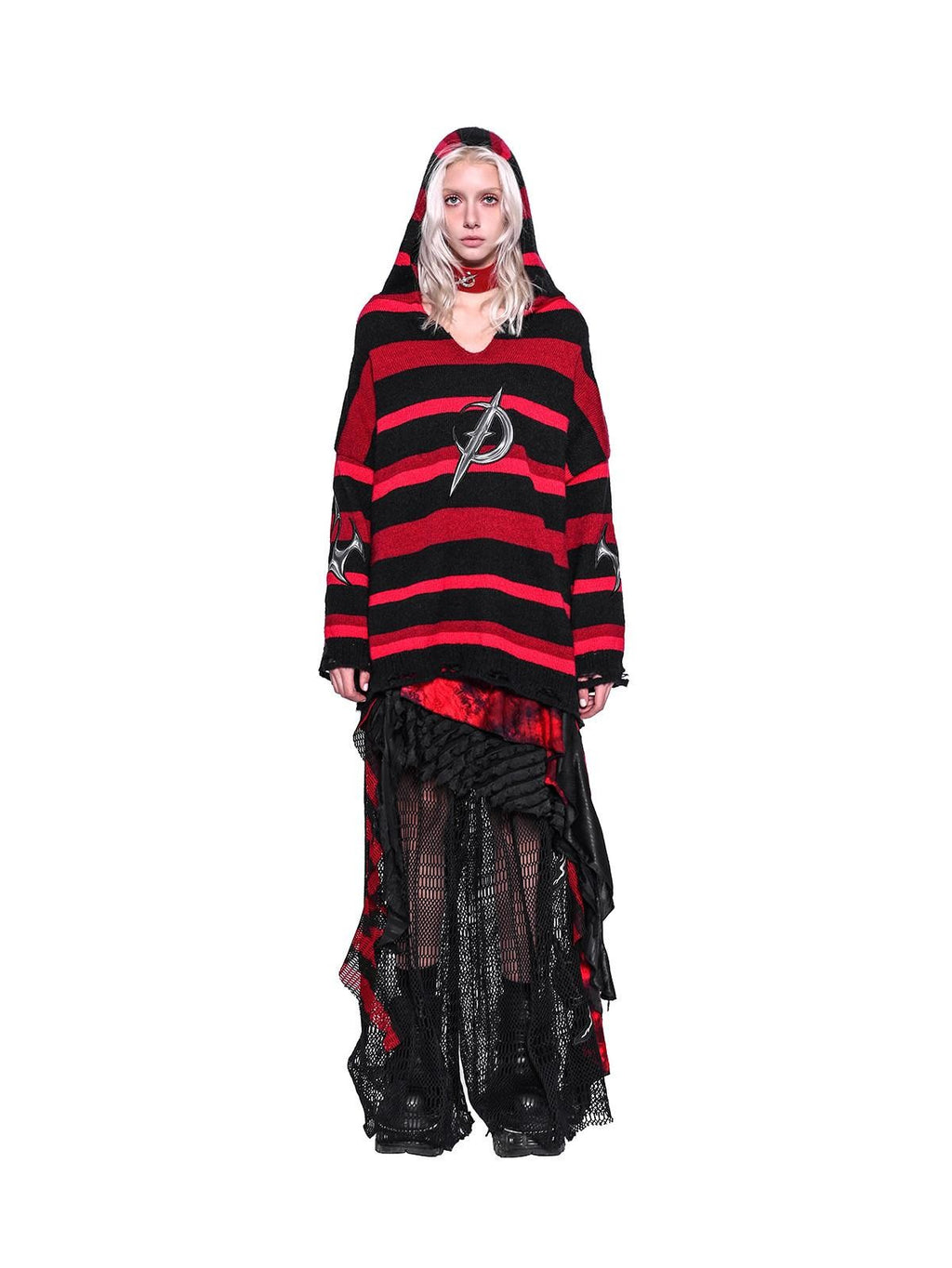 PINKSPINK Black Red Striped Embroidered Ripped Hooded V-neck Women's Acrylic Blend Sweaters