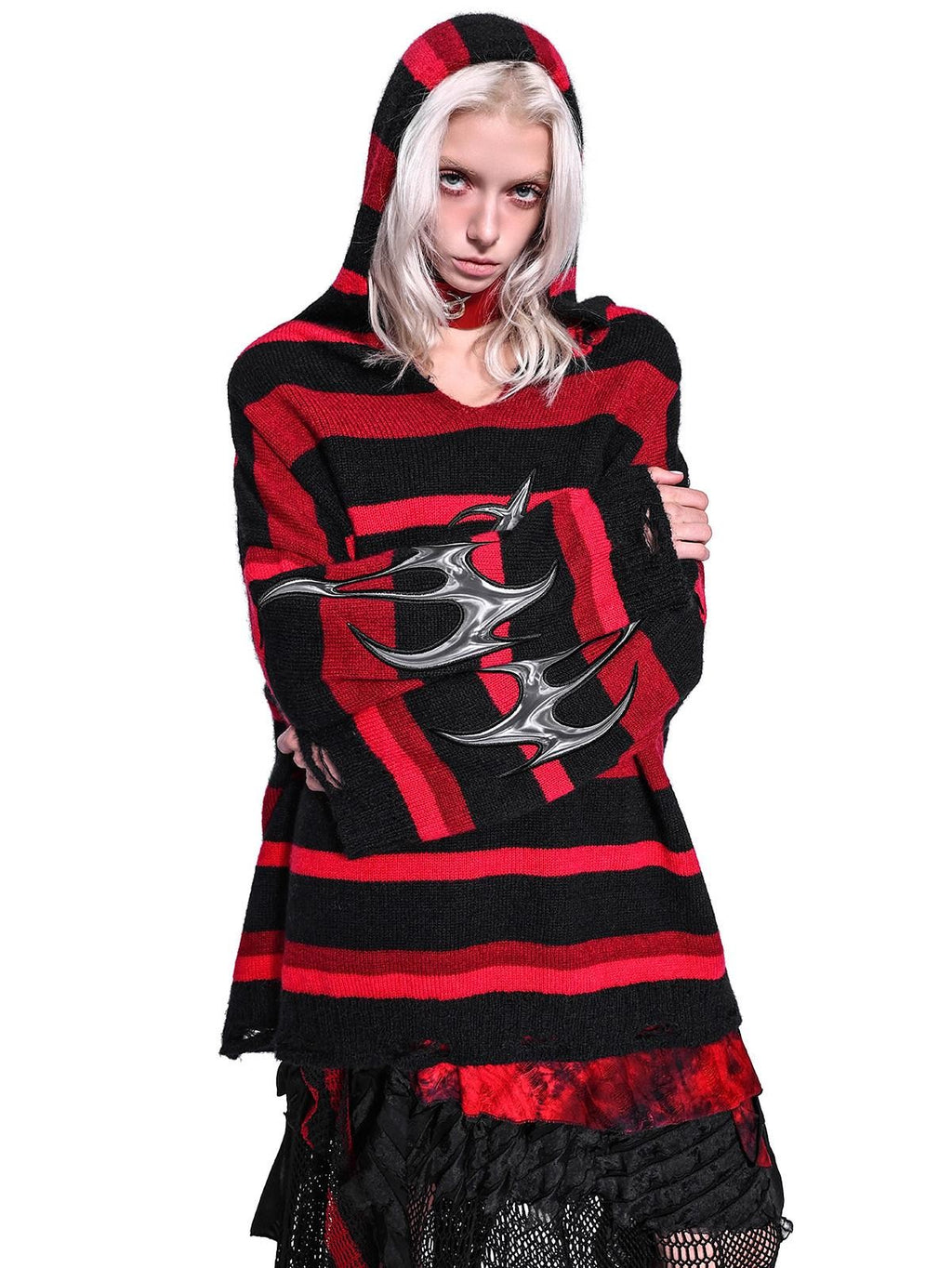 PINKSPINK Black Red Striped Embroidered Ripped Hooded V-neck Women's Acrylic Blend Sweaters