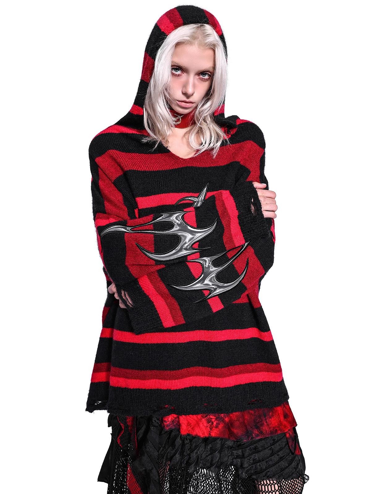 PINKSPINK Black Red Striped Embroidered Ripped Hooded V-neck Women's Acrylic Blend Sweaters