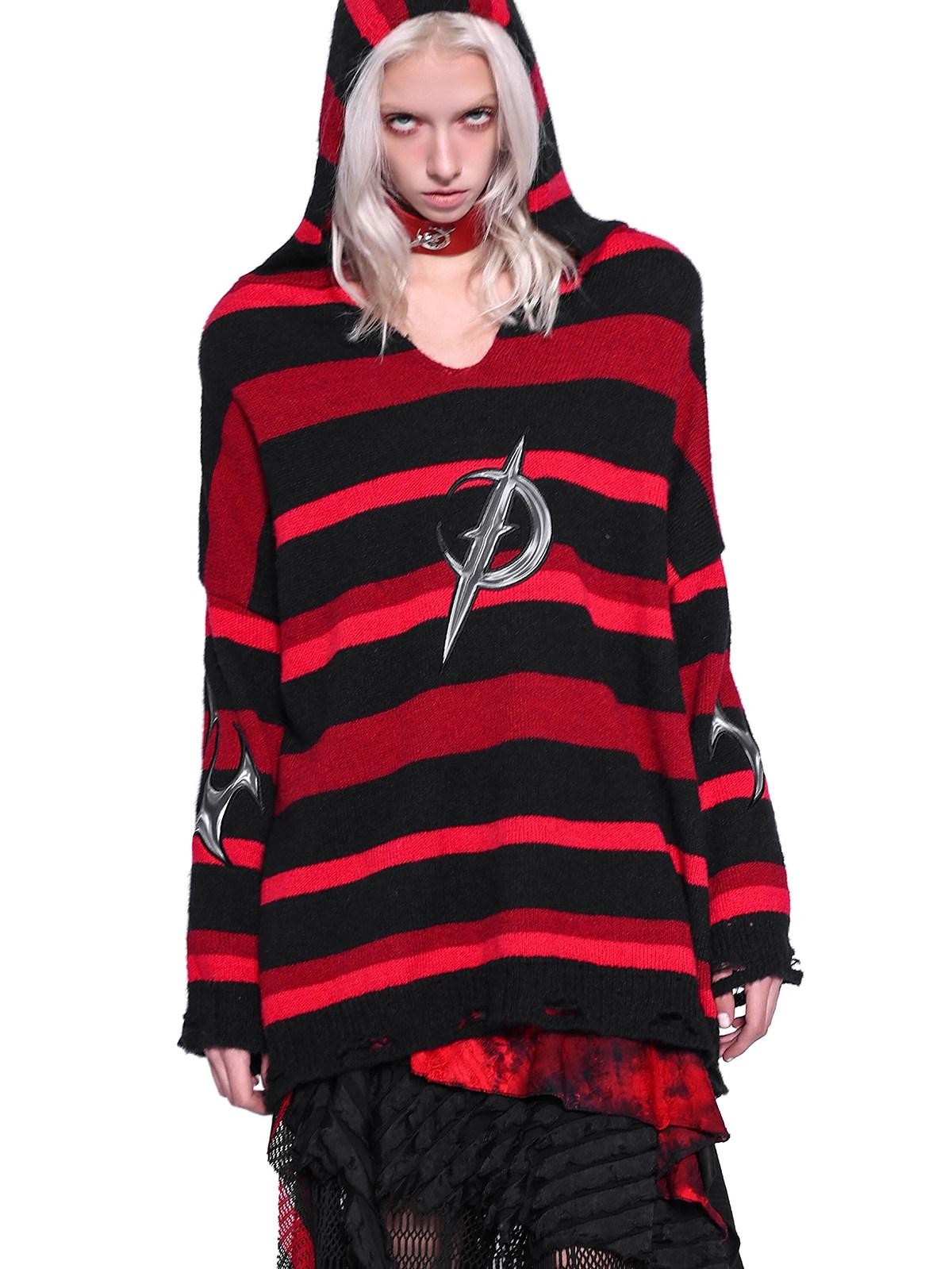 PINKSPINK Black Red Striped Embroidered Ripped Hooded V-neck Women's Acrylic Blend Sweaters