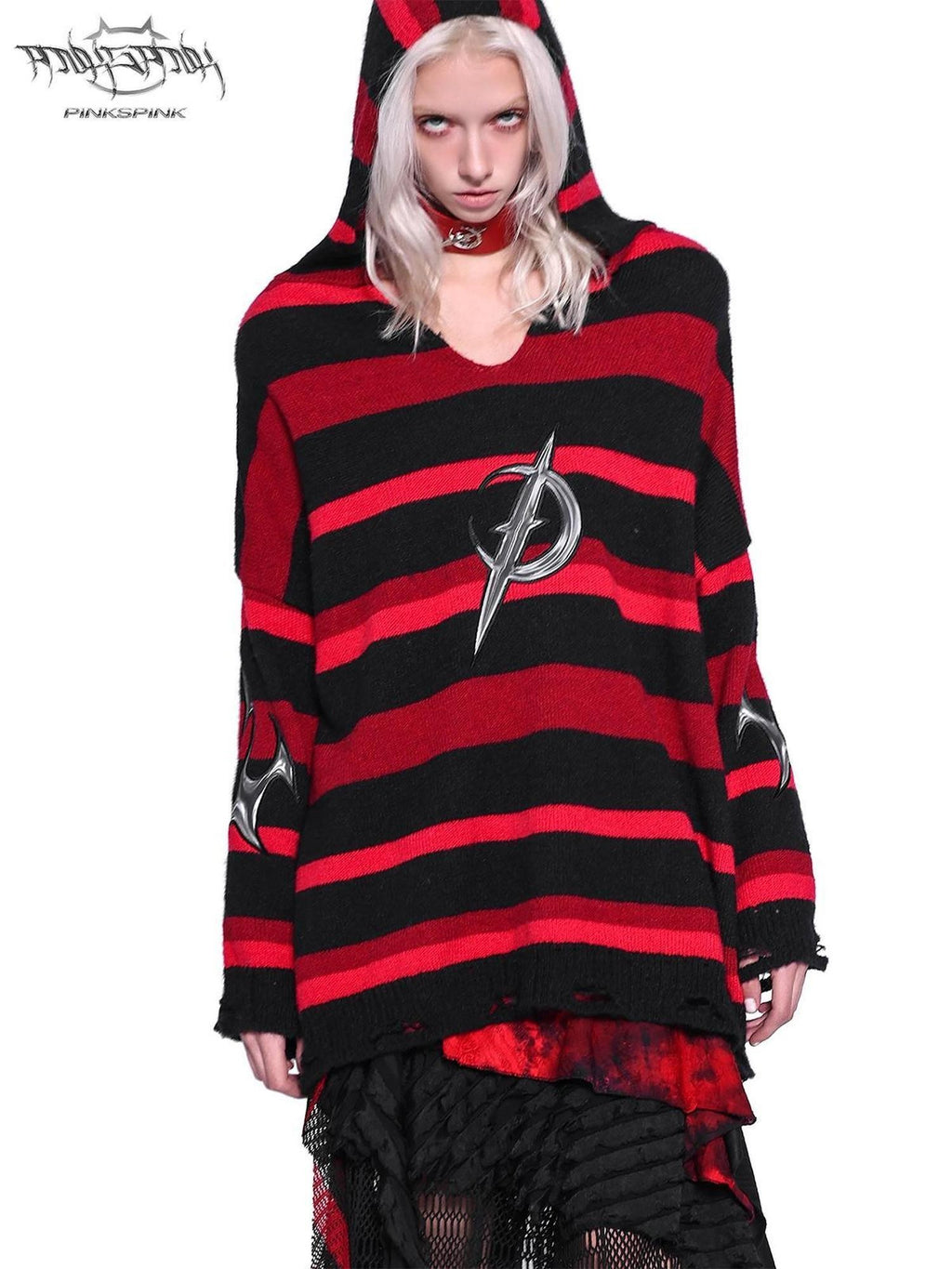 PINKSPINK Black Red Striped Embroidered Ripped Hooded V-neck Women's Acrylic Blend Sweaters