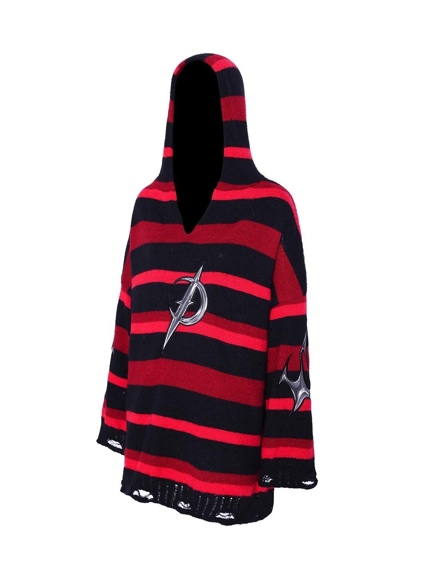 PINKSPINK Black Red Striped Embroidered Ripped Hooded V-neck Women's Acrylic Blend Sweaters