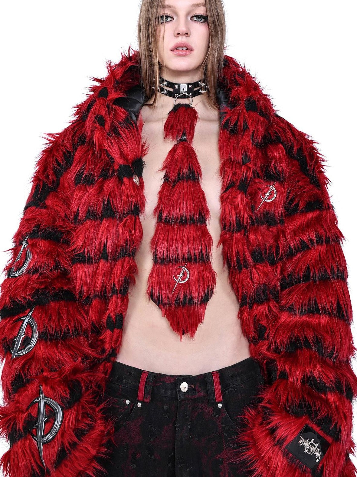 PINKSPINK Black Red Studded Fur Punk Women's Leather Multilayer Neckties