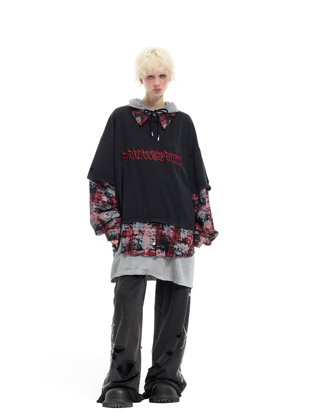 PINKSPINK Black Remake Layered 3 Piece Hooded Letter Women's Long Sleeve T-shirts