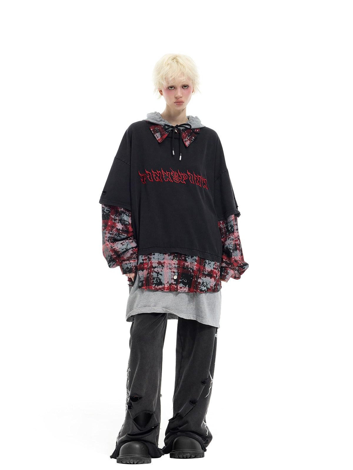 PINKSPINK Black Remake Layered 3 Piece Hooded Letter Women's Long Sleeve T-shirts