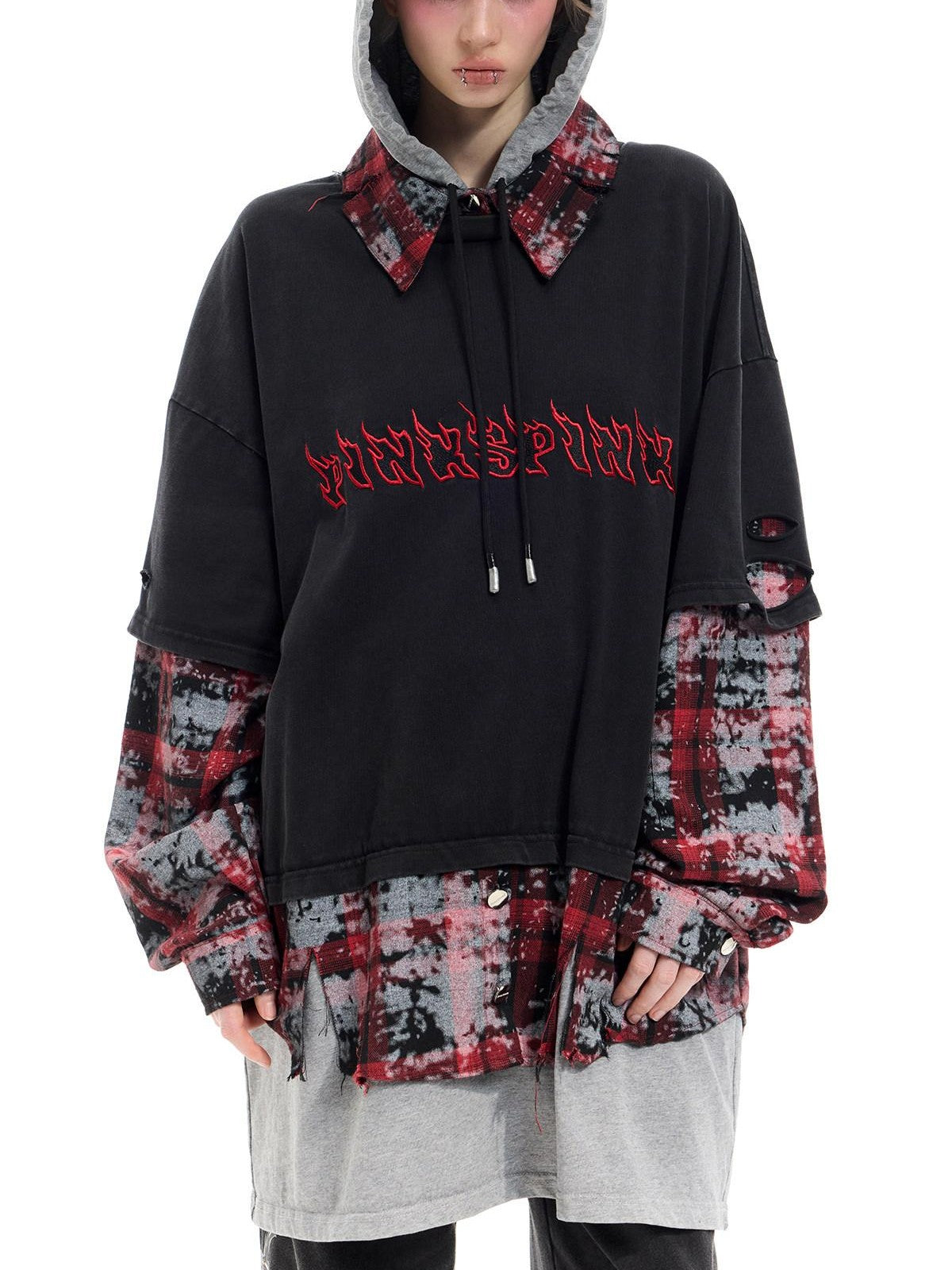 PINKSPINK Black Remake Layered 3 Piece Hooded Letter Women's Long Sleeve T-shirts
